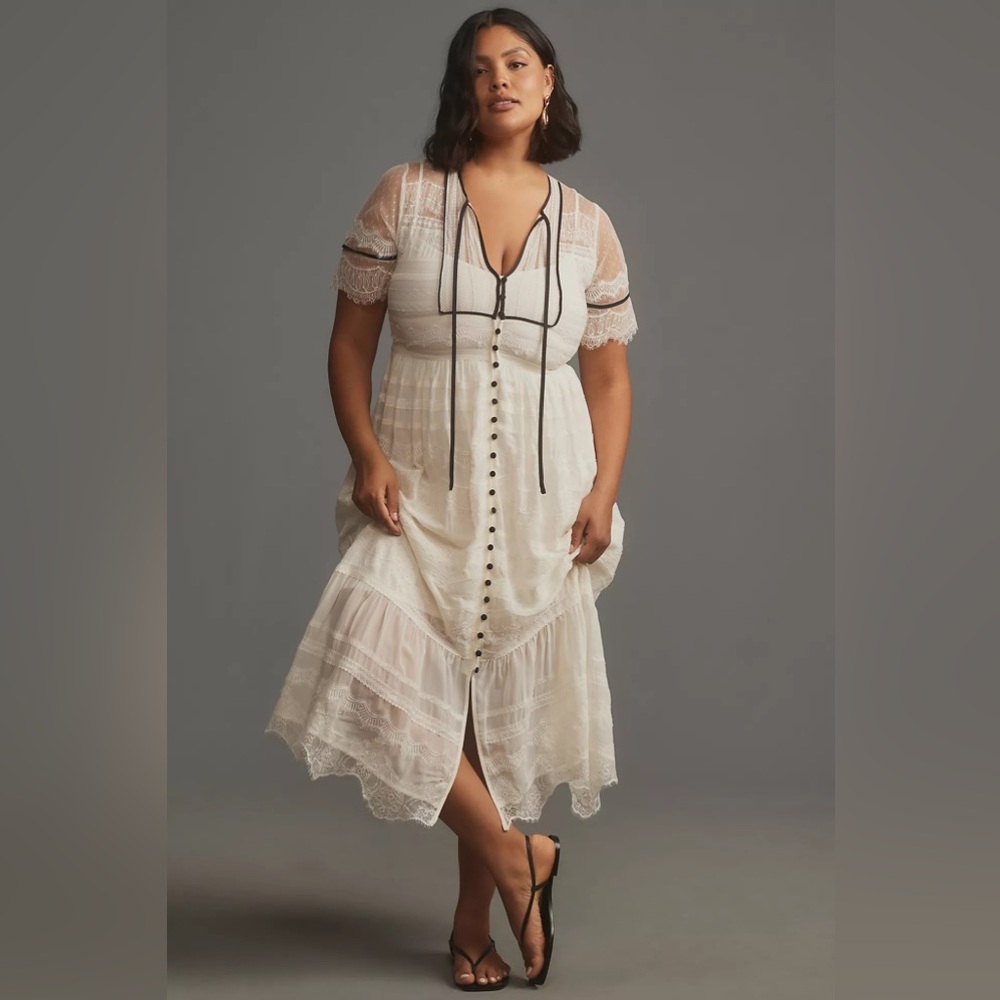 Anthropologie Short-Sleeve Button-Front Lace Midi Dress